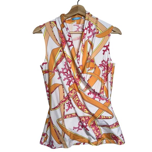 J. McLaughlin Catalina Cloth Cowl Neck Sleeveless Top S Coral Gold White Print - Picture 1 of 5